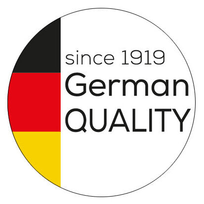 Kreis mit deutschem Flaggenabschnitt links, Text "since 1919 German QUALITY" rechts.