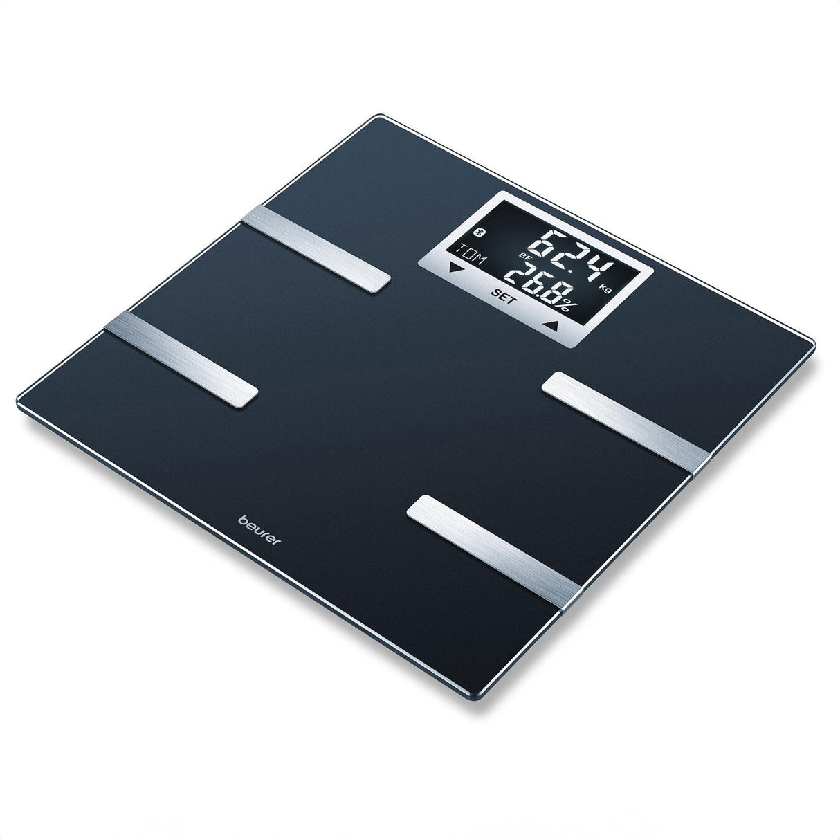 Digitale Personenwaage mit schwarzer Oberfläche, Display zeigt 62,4 kg, 26% Körperfett, 2800 kcal.
