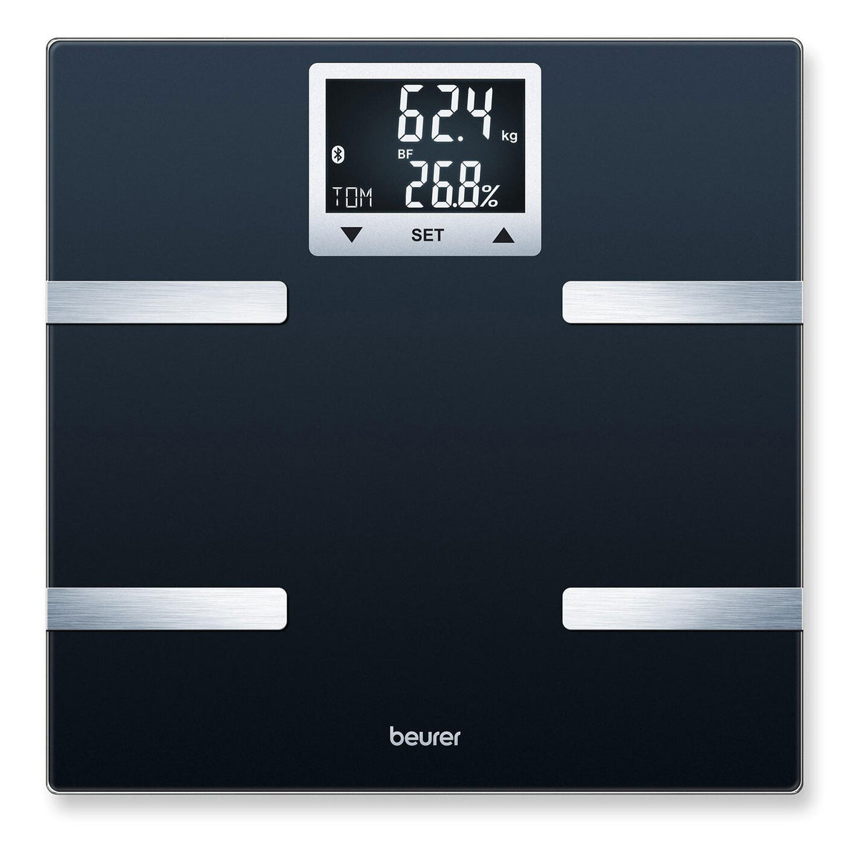 Digitale Personenwaage mit schwarzer Oberfläche, Display zeigt 62,4 kg, 26,8 % Körperfett, Bluetooth-Symbol.