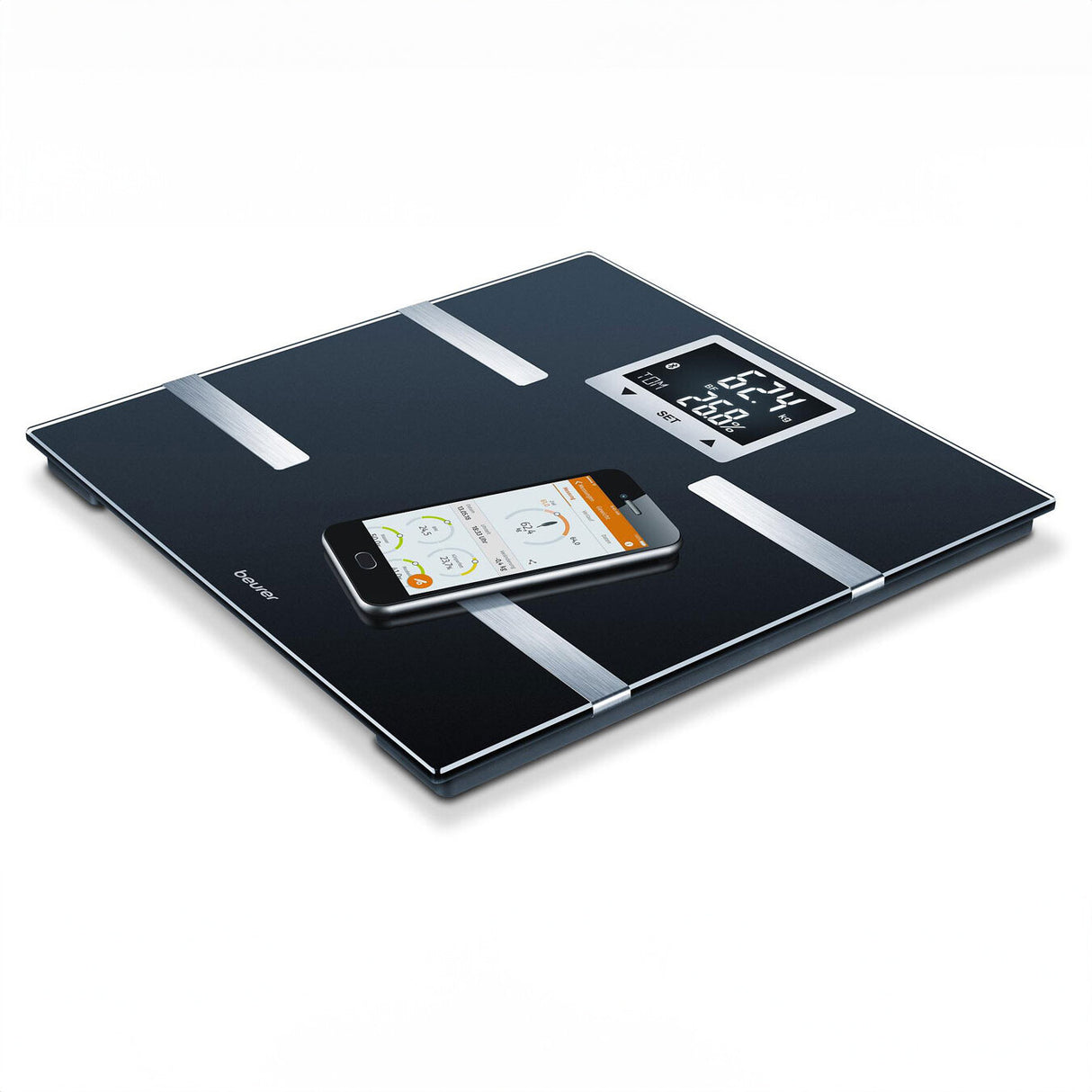 Digitale Personenwaage mit Smartphone-App, zeigt Gewicht, Körperfett und andere Gesundheitswerte.