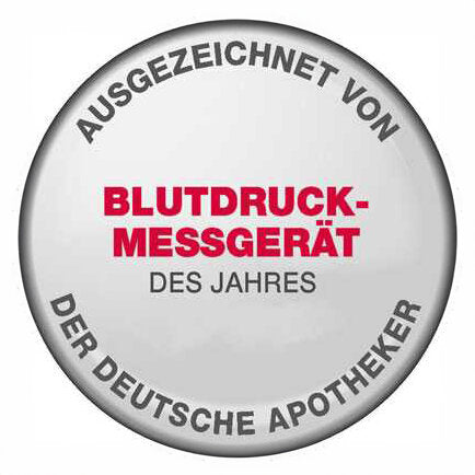 Button mit Aufschrift: "Ausgezeichnet von Blutdruck-Messgerät des Jahres der Deutsche Apotheker"
