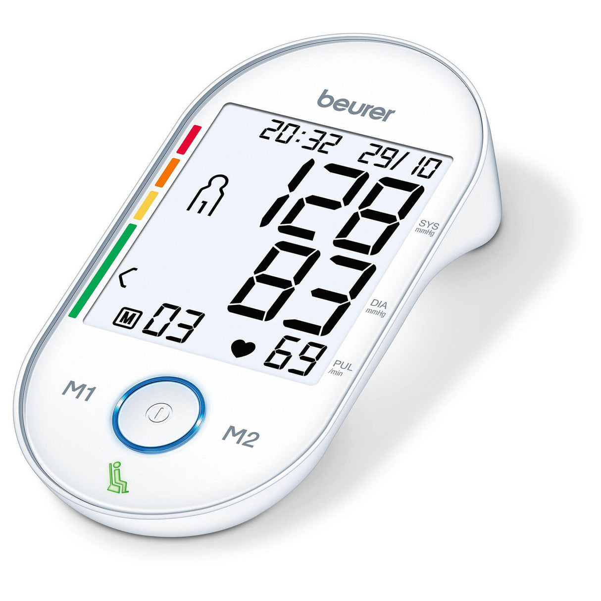Blutdruckmessgerät mit digitalem Display, zeigt 127/75 mmHg, Herzfrequenz 69, Datum 29/10, Uhrzeit 20:32.