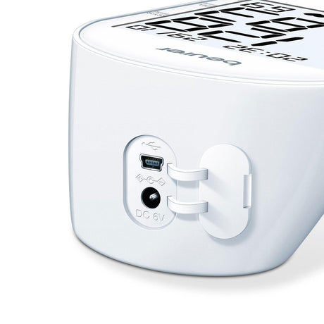 Rückseite eines weißen Geräts mit USB-Anschluss, DC 6V Anschluss und Klappe.