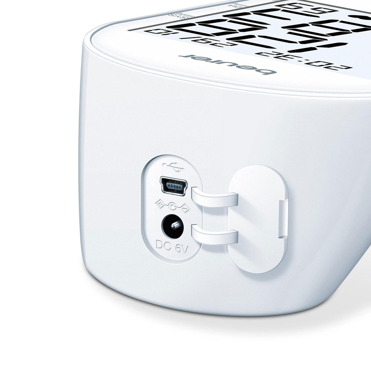 Rückseite eines weißen Geräts mit USB-Anschluss, DC 6V Anschluss und Klappe.