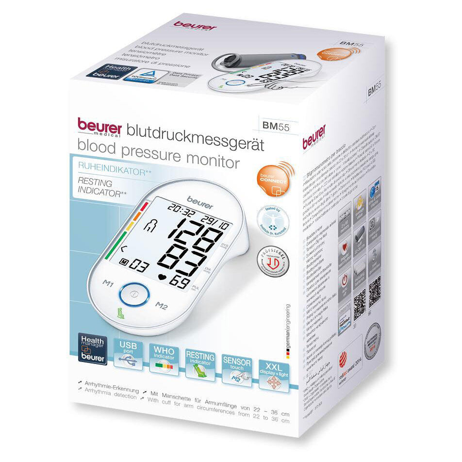 Blutdruckmessgerät in Verpackung mit digitalem Display und Bedienknöpfen, Markenlogo und Produktinformationen.