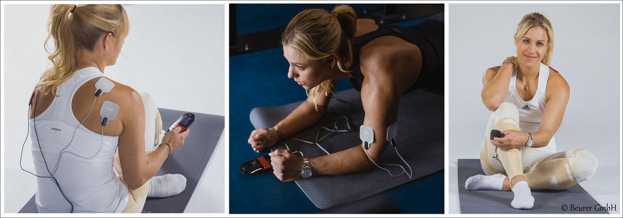 Frau beim Training mit Elektroden, die an ihrem Arm befestigt sind, in drei verschiedenen Posen.