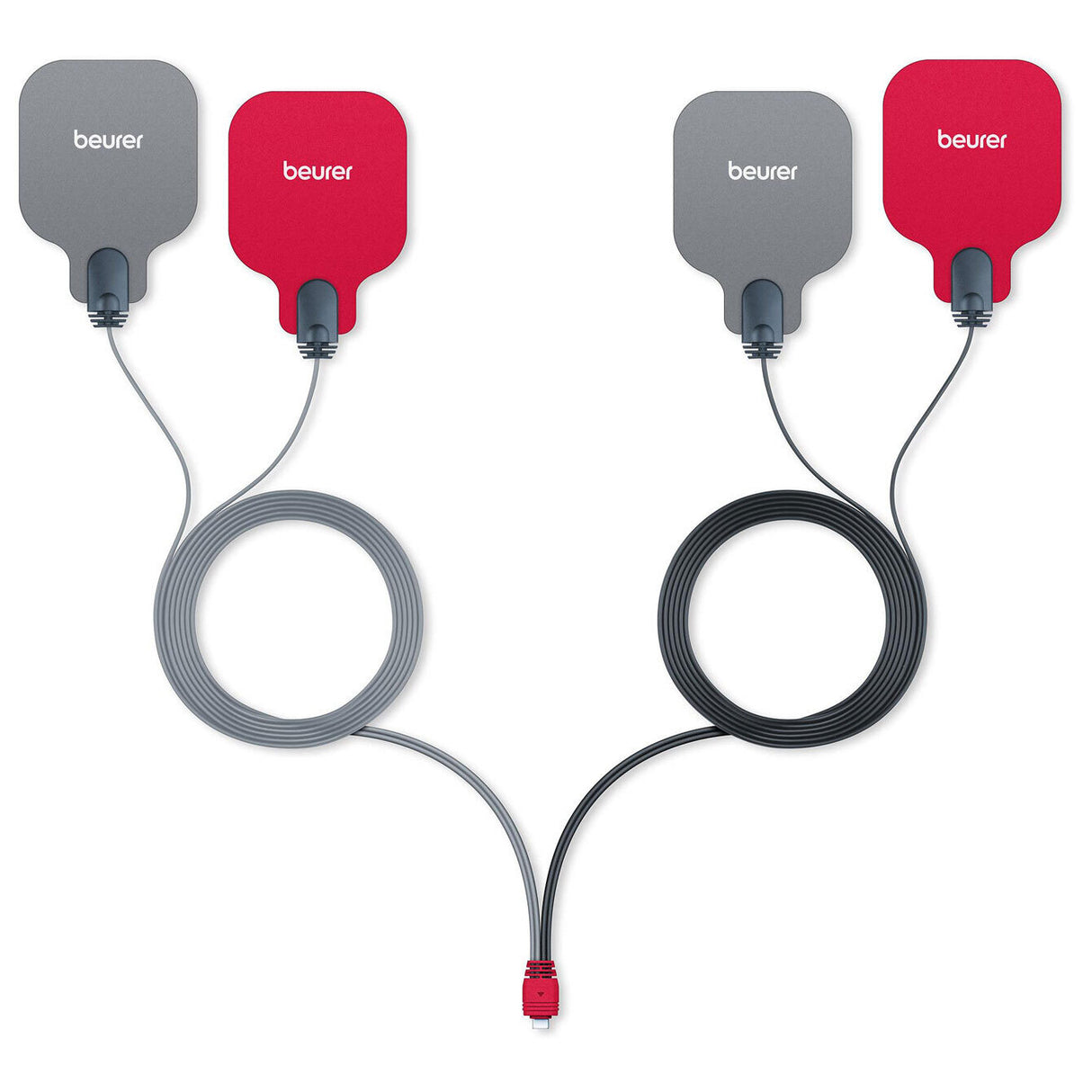 Zwei Beatmungsgeräte mit Schläuchen, jeweils grau und rot, verbunden mit Kabeln.