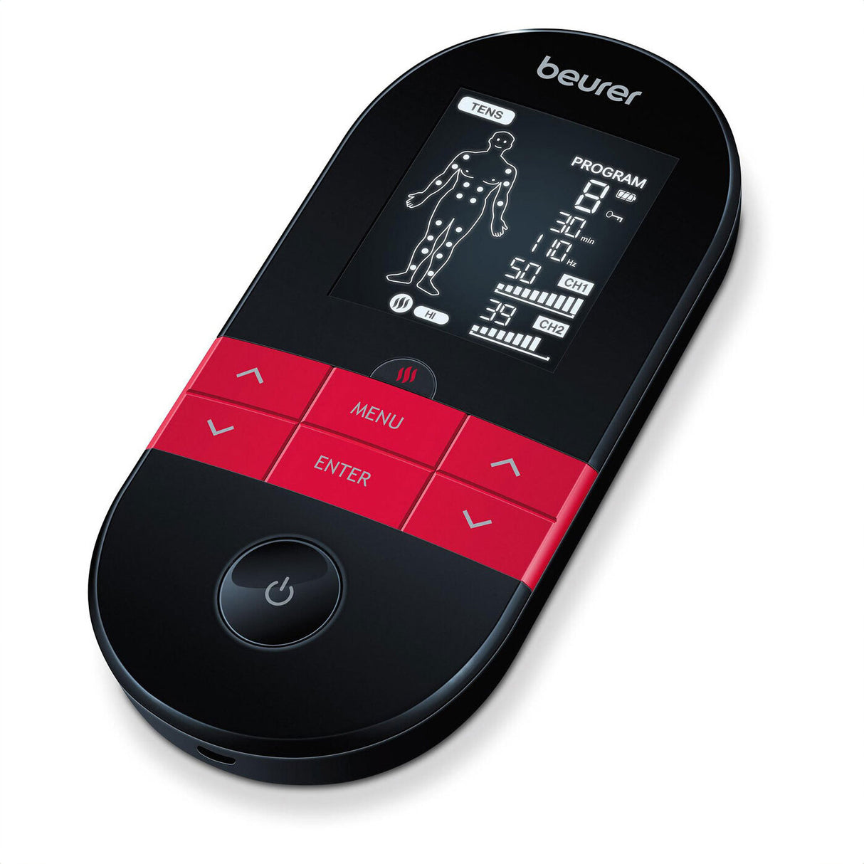 Elektrischer EMS-Trainingsgerät mit Display, Steuerungstasten und digitaler Körperabbildung.