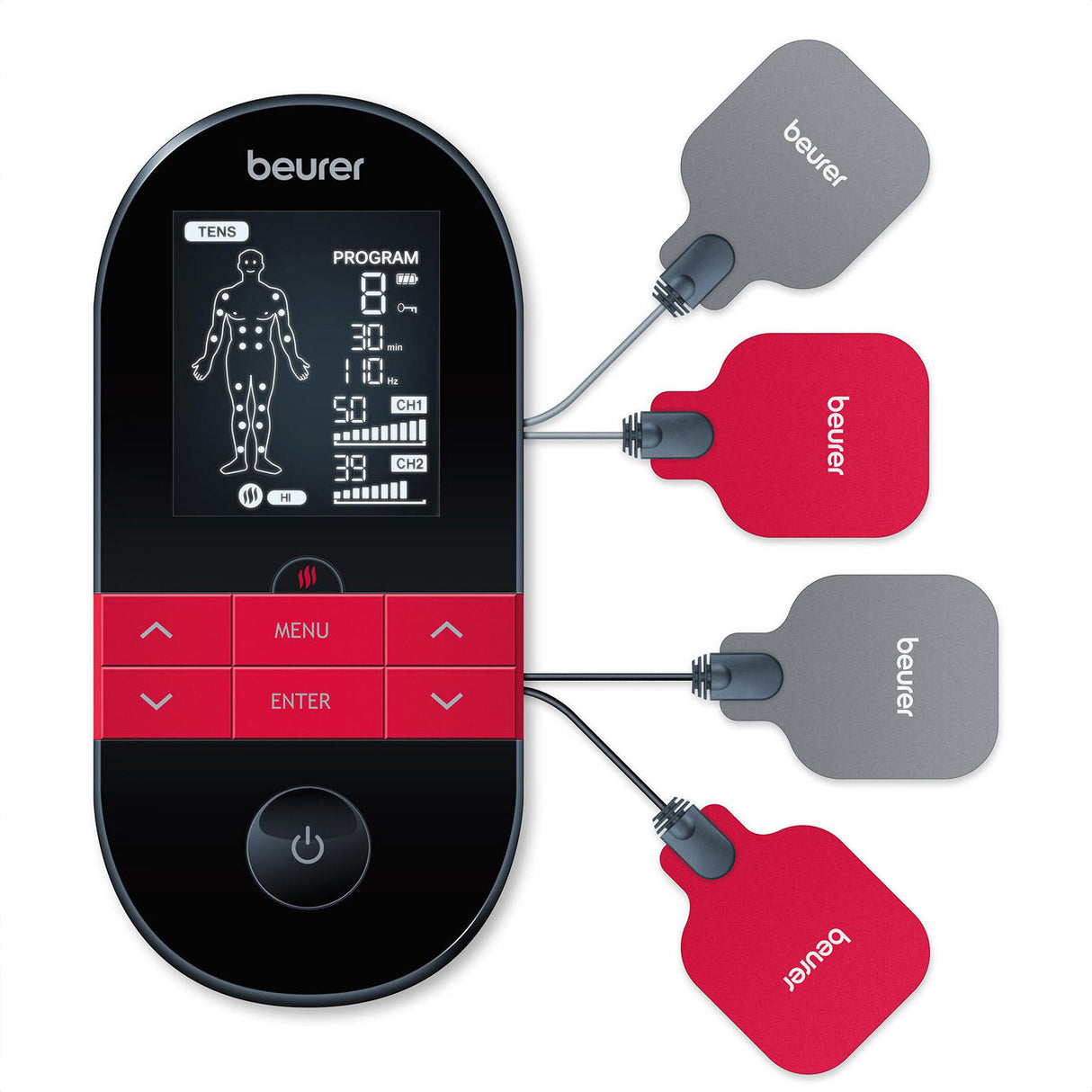 Elektrischer TENS-Therapiegerät mit Kabeln und Elektroden in Grau und Rot.