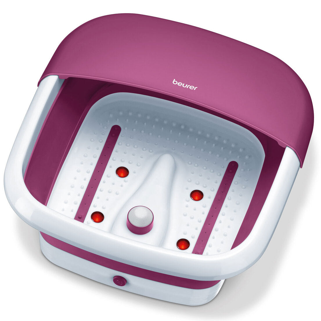 Fußbad mit Wasser, rotem Licht und Temperaturregler, in pink-weißem Gehäuse.