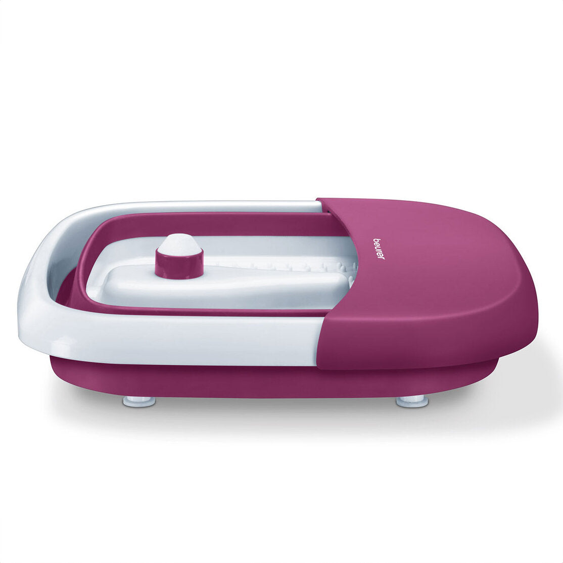 Elektrischer Waffeleisen mit weißem und pinkem Gehäuse, auf weißem Hintergrund.