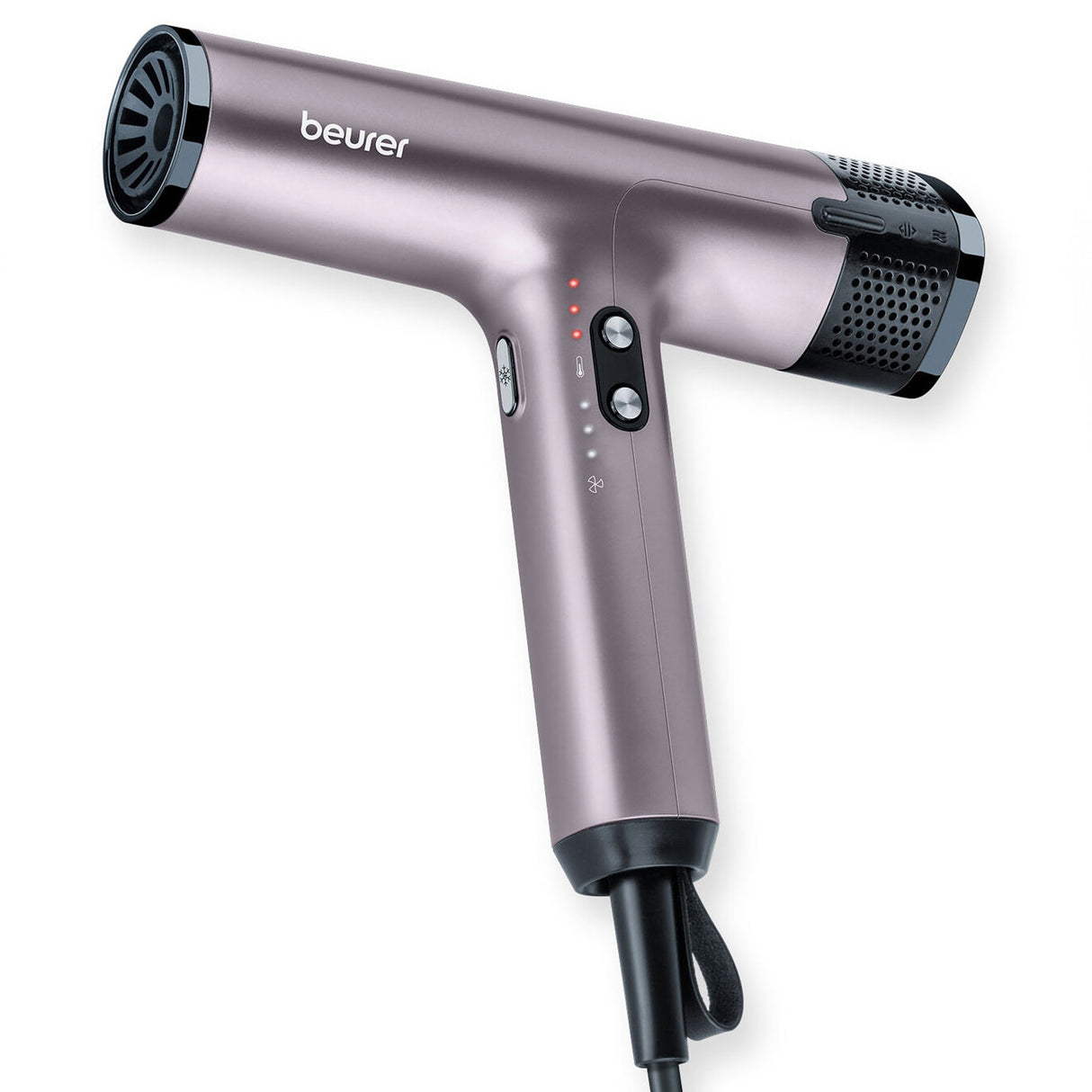 Föhn mit grauem Gehäuse, seitlichen Bedienelementen, LED-Lichtern und Luftauslass.