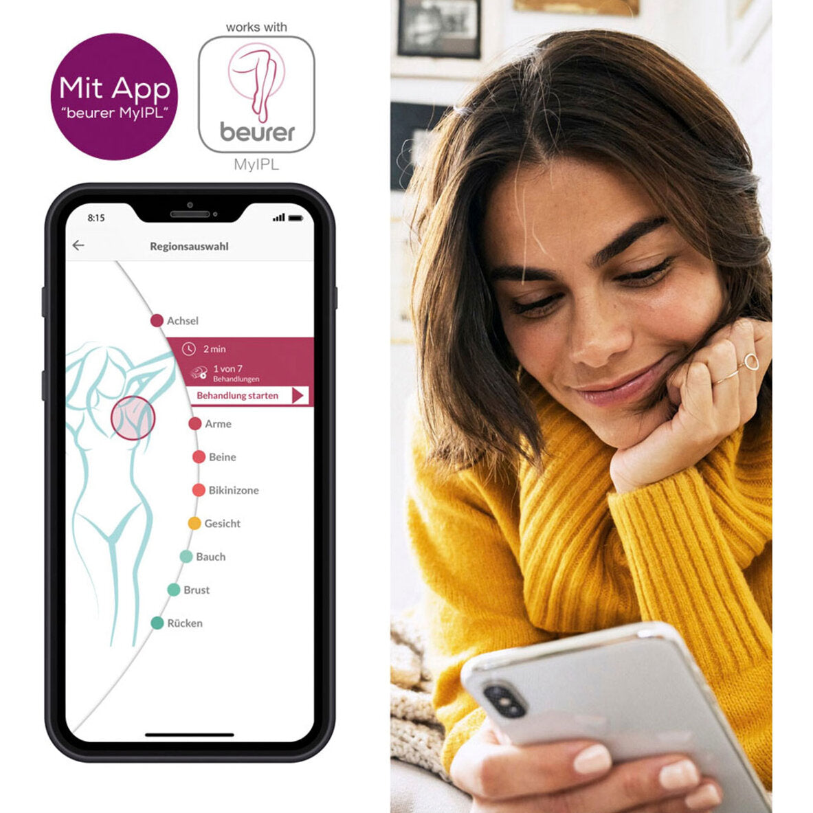 Frau in gelbem Pullover schaut auf Smartphone, neben einem Bildschirm mit einer App zur Beurteilung der Schwangerschaft.