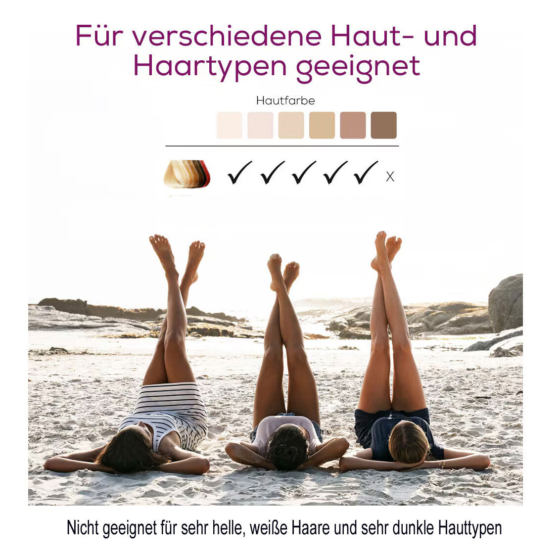 Drei Menschen liegen am Strand mit hochgereckten Beinen, Text über Haut- und Haartypen, Farbauswahl