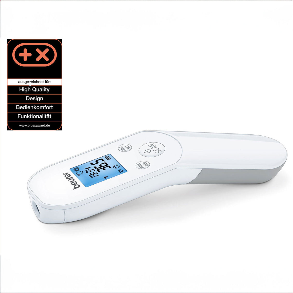 Digitaler Fieberthermometer mit blauer Anzeige, zeigt 36,5°C.