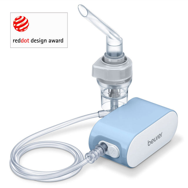 Inhalationsgerät mit blauer und weißer Gehäuse, Schlauch und Nasenstück, mit "beurer" Logo.