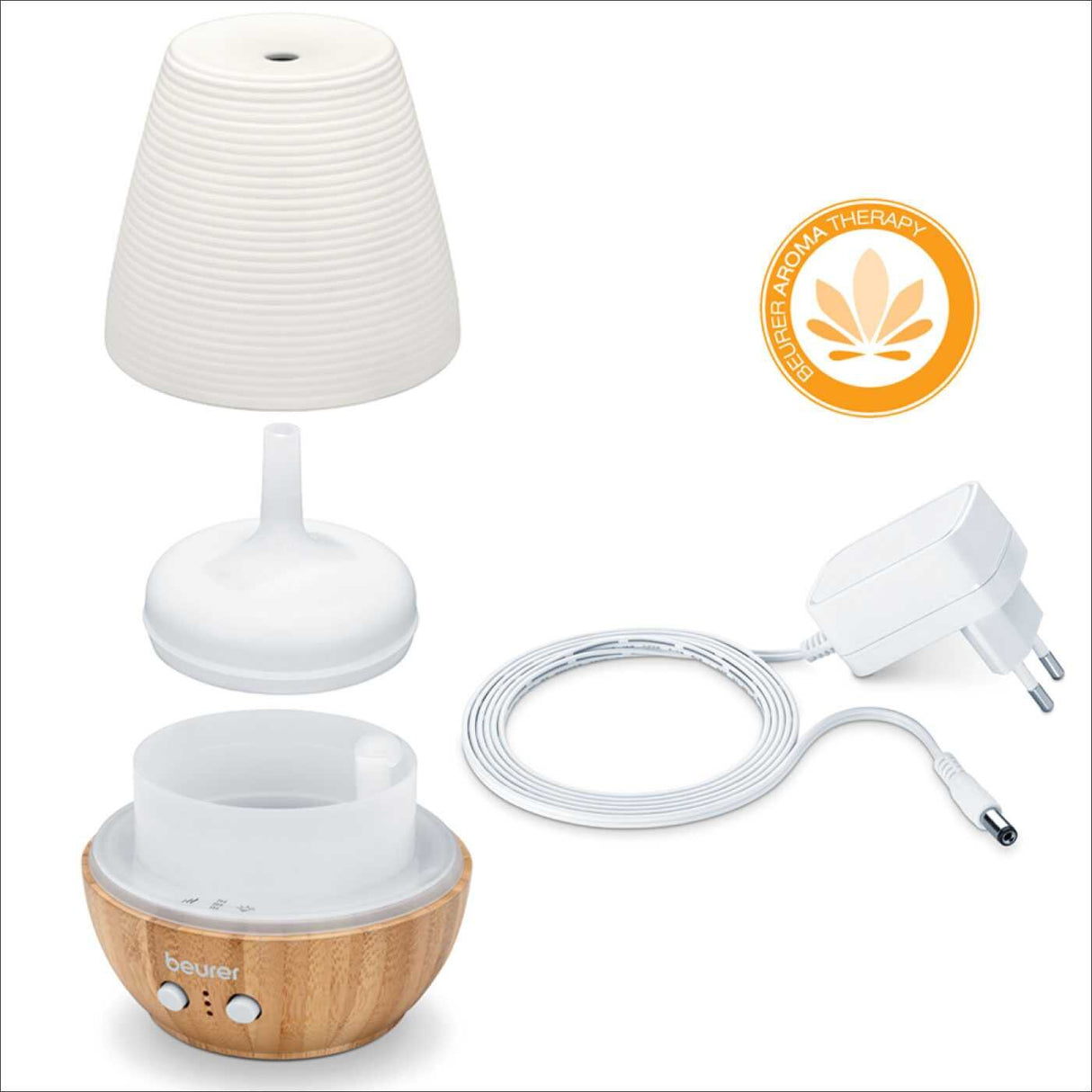 Weißer Aromadiffusor mit Holzbasis, Lampenschirm, Kabel, Stecker und Aufsätze.