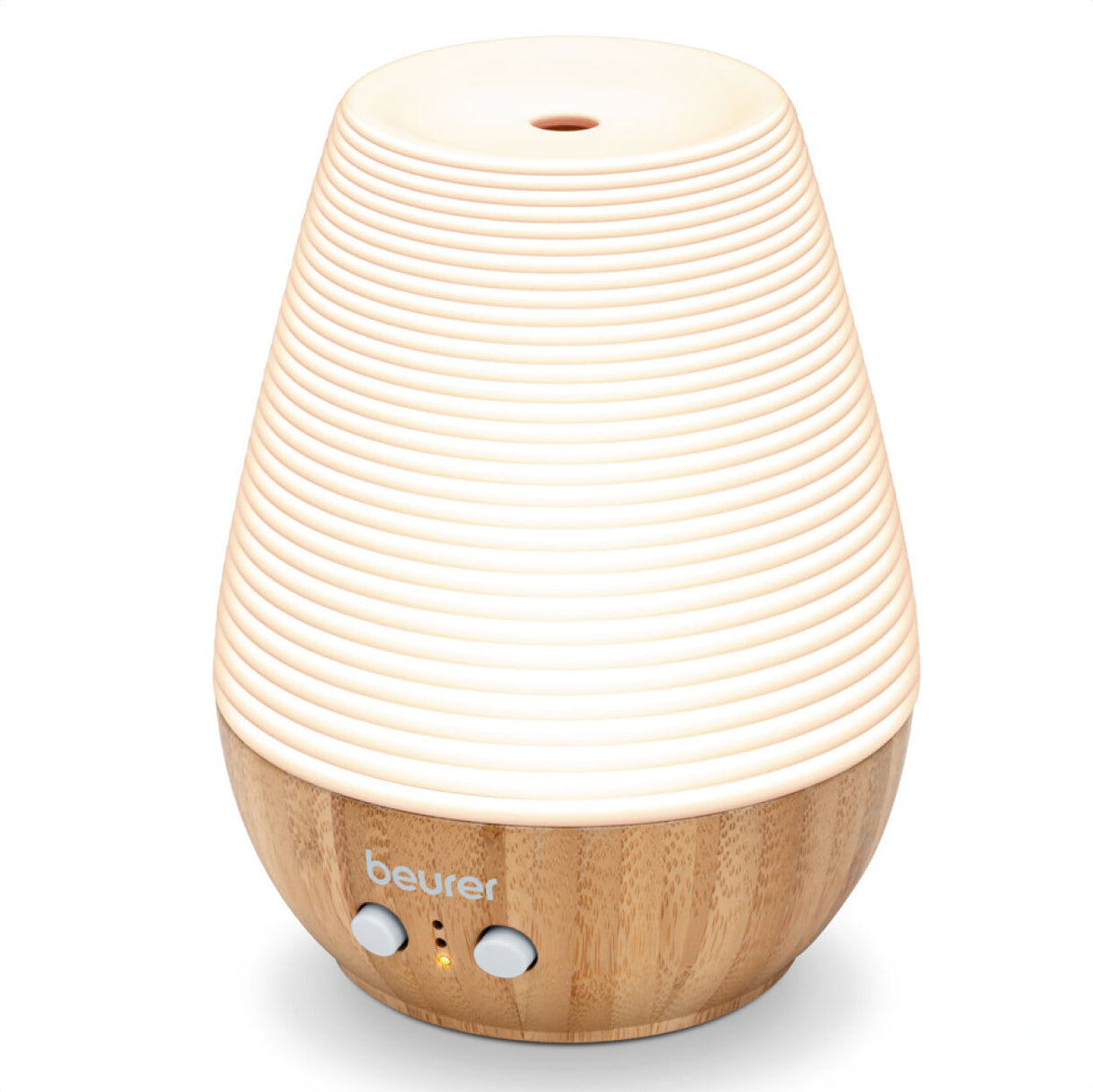 Luftbefeuchter mit Holzoptik, runder Form, weißen Ringen und zwei Bedienelementen.