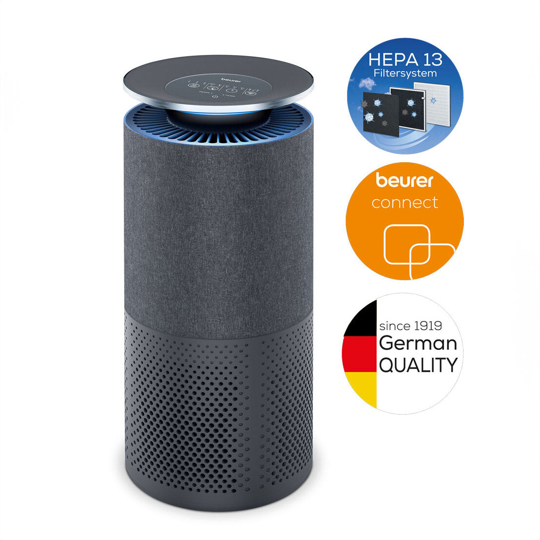 Luftreiniger mit HEPA 13 Filter, Beurer connect App, deutsches Qualitätszeichen, runde Form, grau, mit Display auf Oberseite.
