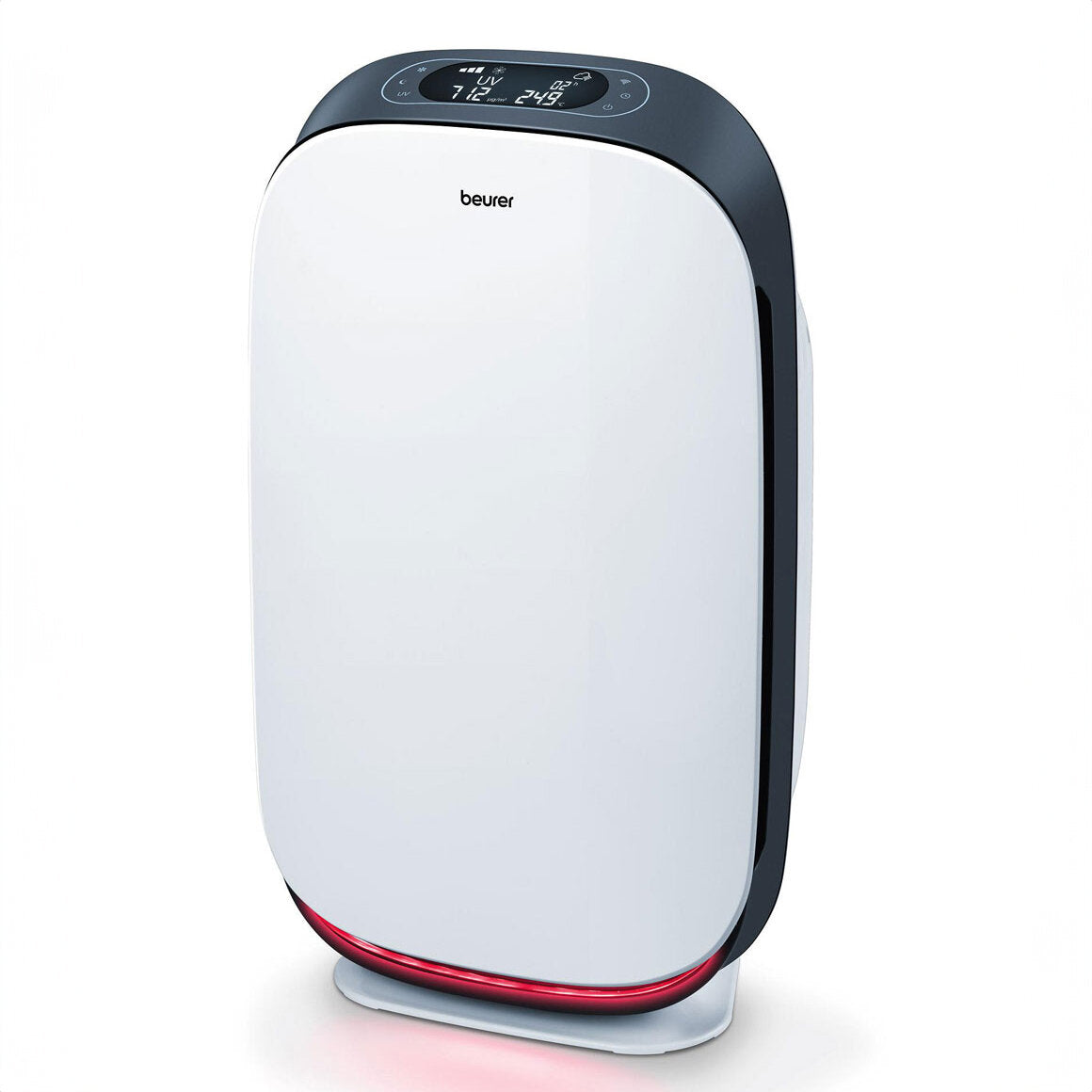 Luftreiniger mit digitalem Display, zeigt Temperatur, Luftqualität und Luftfeuchtigkeit, in Weiß mit schwarzem Rand.