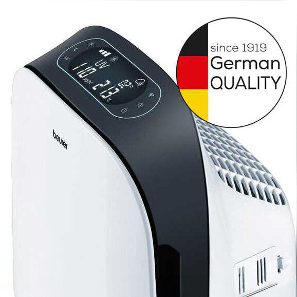 Mobiles Klimagerät mit digitaler Anzeige, Luftfeuchtigkeits- und Temperaturwerten, deutsches Qualitätszeichen seit 1919.