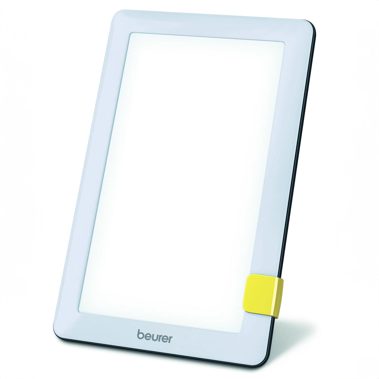 Elektronisches Lesegerät mit weißem Rahmen, gelbem Halteclip, Display und "beurer" Logo.