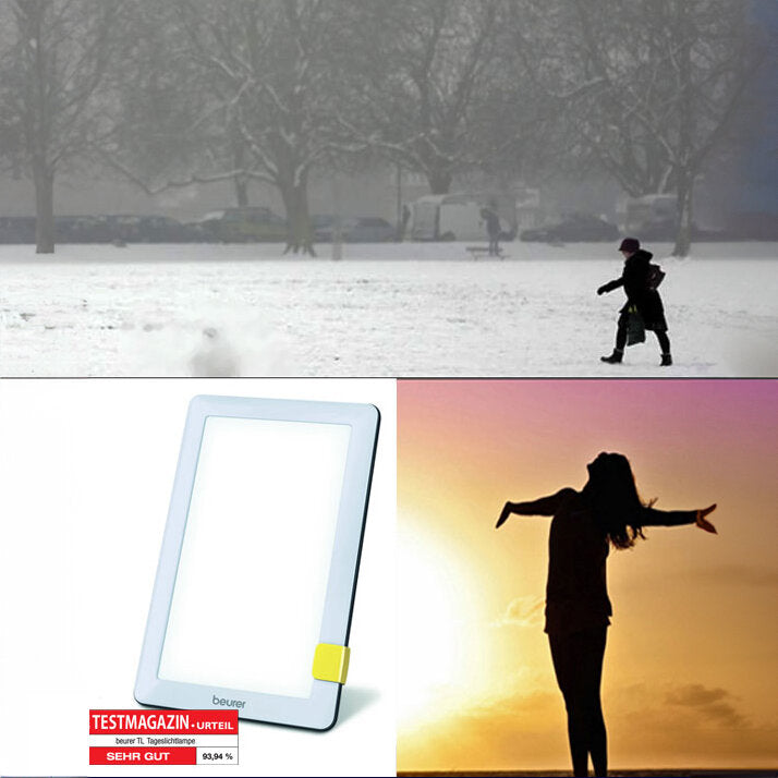 Obdachlose Person im Schnee, E-Reader, Frau mit offenen Armen bei Sonnenuntergang.