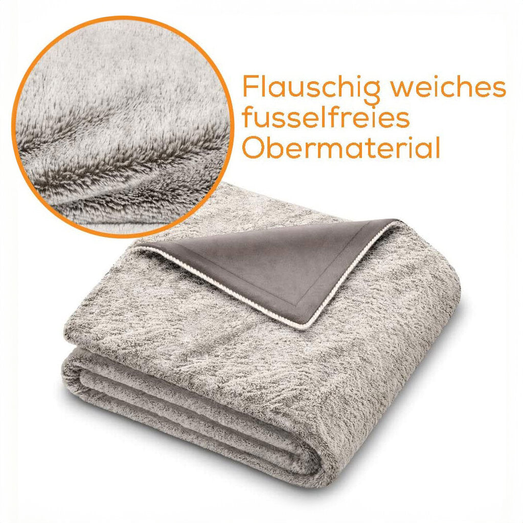 Flauschiger, weicher, fusselfreier Obermaterial-Decke, teilweise gefaltet, mit Nahaufnahme des Stoffes.