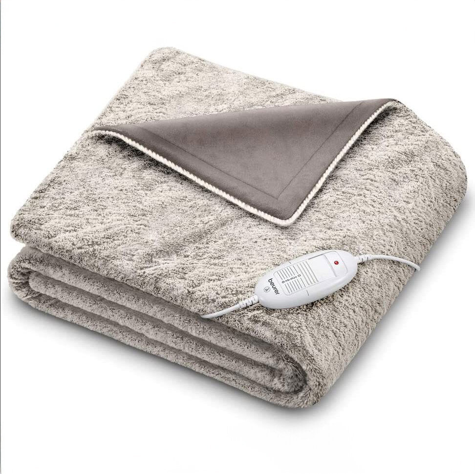 Bettdecke, Heizkissen, Kabel und Steuerung auf weißem Hintergrund.