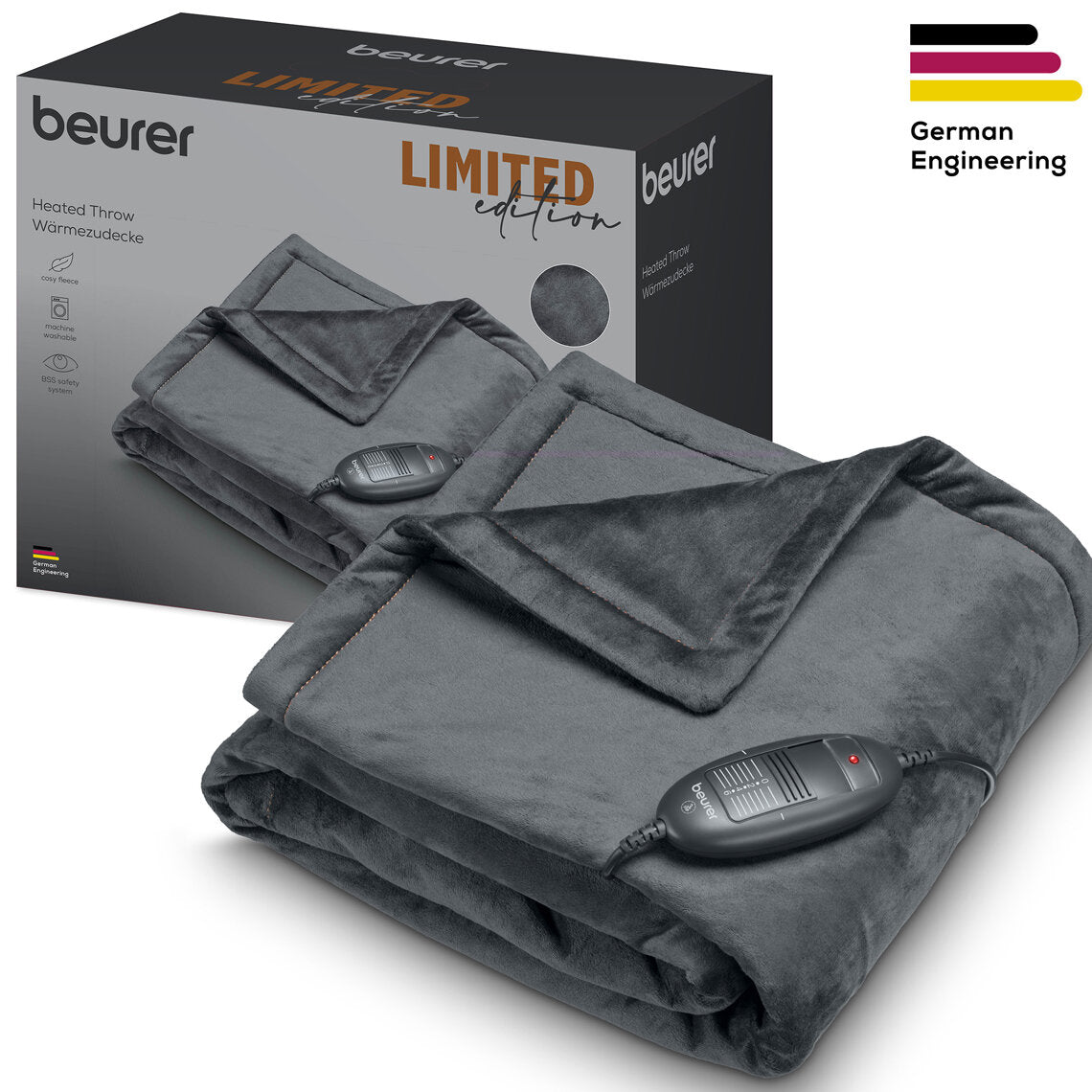 Beurer Heated Throw in Grau mit Steuerung, neben Verpackung mit Produktbild.