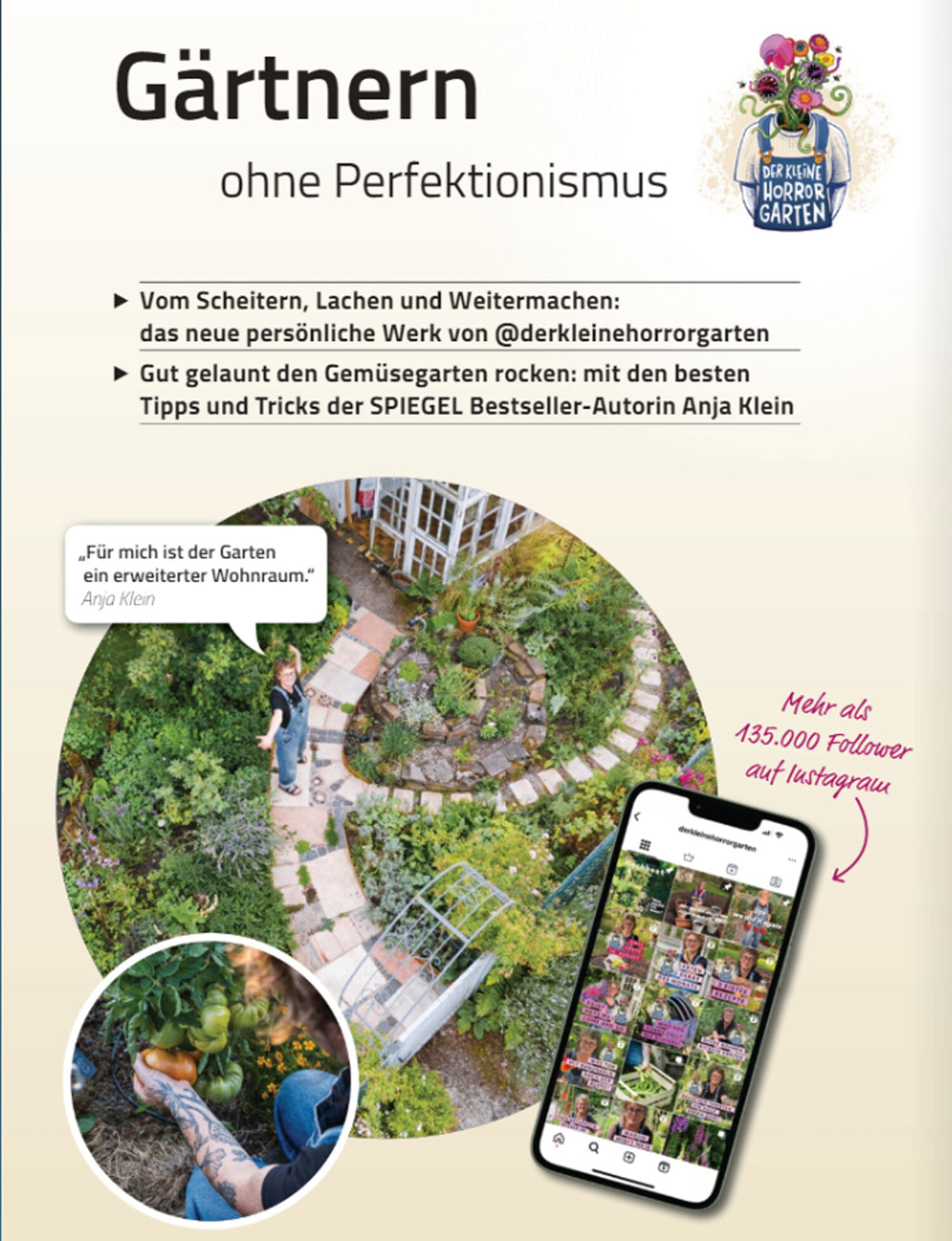Foto eines Gartens mit Person, Smartphone und Text, der mehr als 135.000 Instagram-Follower erwähnt.