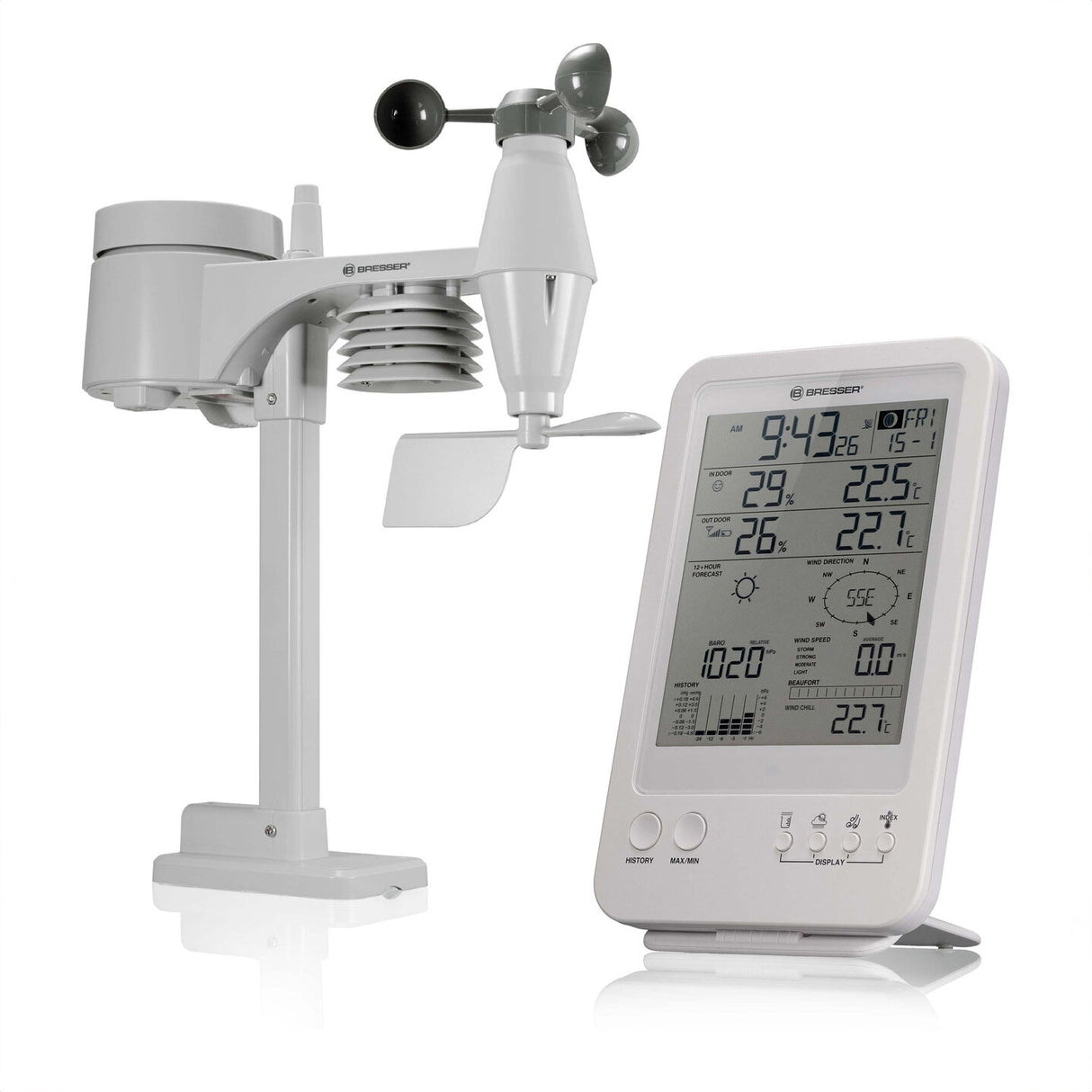 Wetterstation mit Windmesser und digitalem Display zeigt Temperatur, Luftfeuchtigkeit, Windgeschwindigkeit und Uhrzeit.