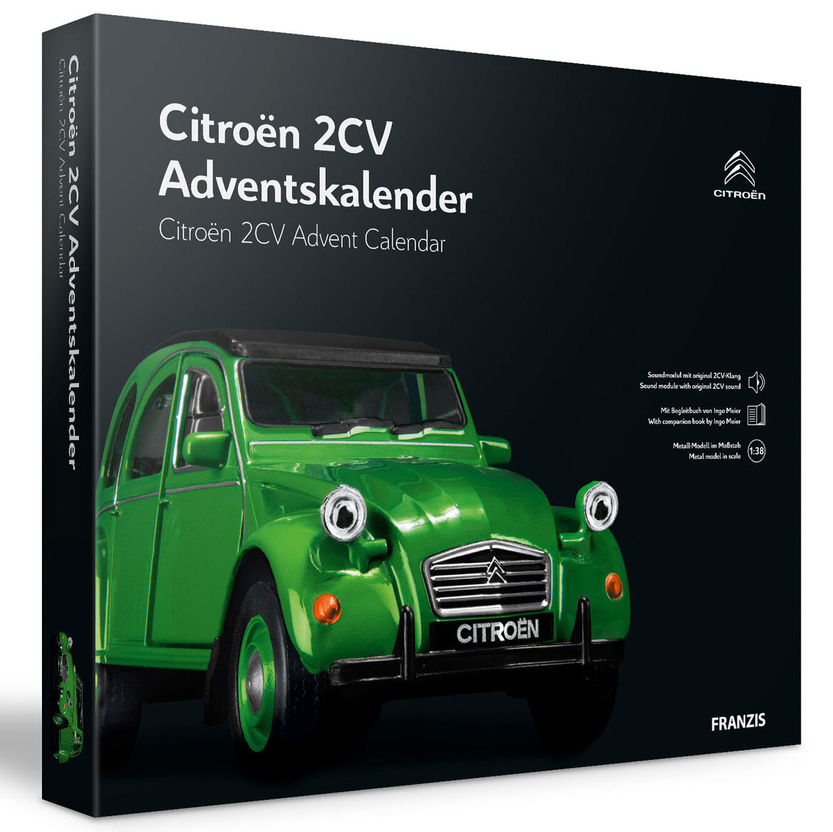 Grüner Citroën 2CV Modell im Maßstab 1:38 auf einem schwarzen Hintergrund.