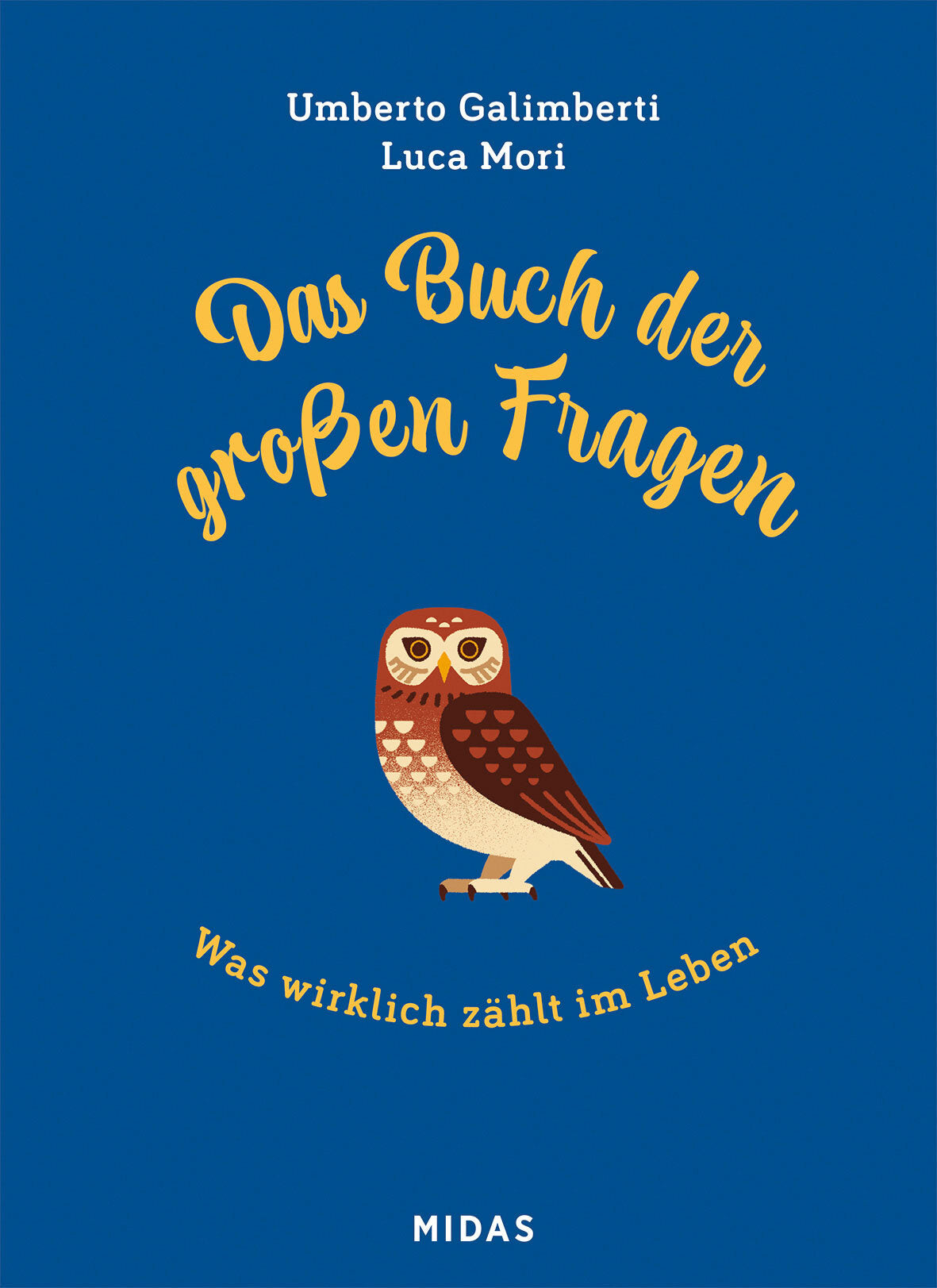 Buchcover mit blauer Hintergrund, Titel "Das Buch der großen Fragen", eine stilisierte Eule in der Mitte, und Autorenname.