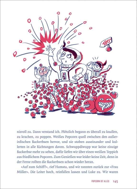 Kinder in Raumanzügen mit Popcorn, ein Astronaut mit erhobener Hand, ein roter Kürbis, und Text auf einer Seite.