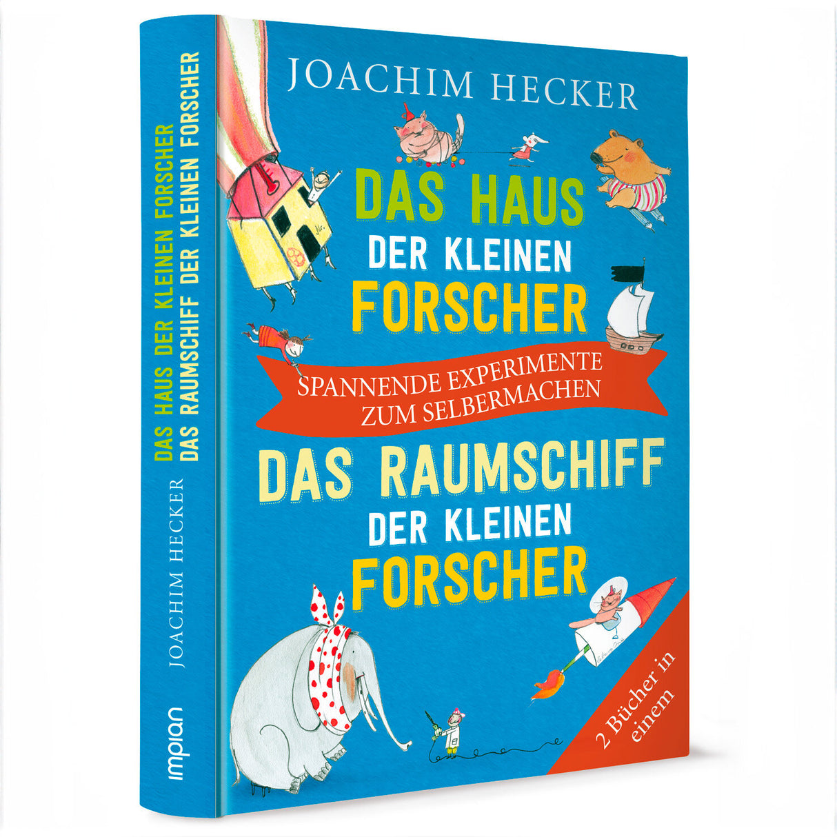 Buchcover mit blauer Hintergrund, Titel und Illustrationen von Tieren und Raumschiff, Autor Joachim Hecker.
