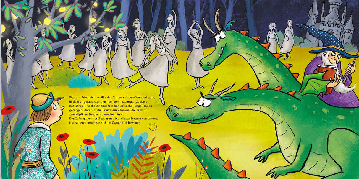 Mädchen im Garten beobachtet Zauberer, zwei Drachen und eine Prinzessin im Zauberwald bei Nacht.