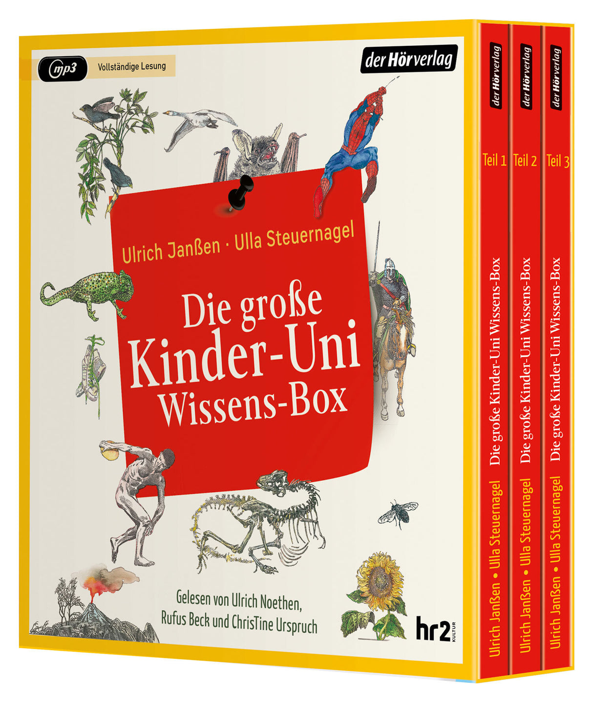 Buchcover mit bunten Illustrationen von Tieren, Pflanzen und einem Superhelden, Titel in rotem Feld, Autorenname und Verlag.