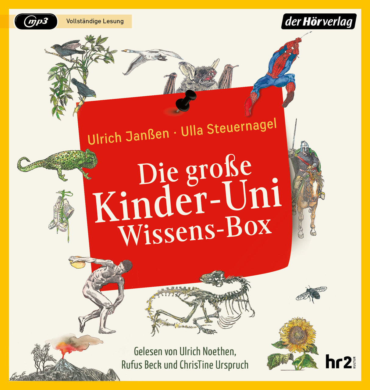 Buchcover mit bunten Tier- und Menschendarstellungen, rotem Titelblock, Autorenname und Verlag.