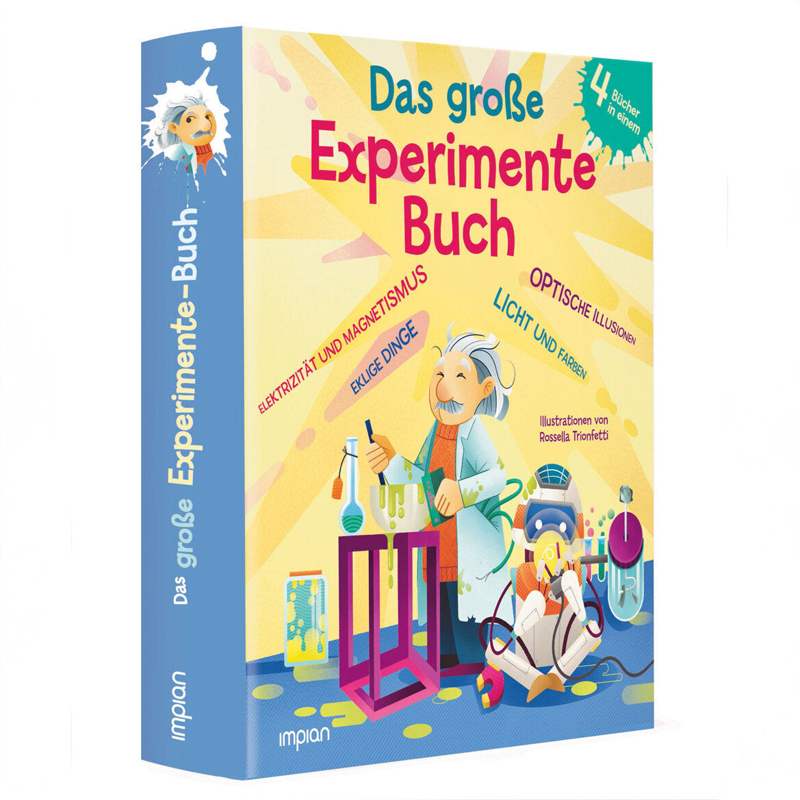 Buchcover mit einem lachenden Wissenschaftler, Laborgerät, Chemikalien und experimentelle Elemente, Titel in bunten Farben.