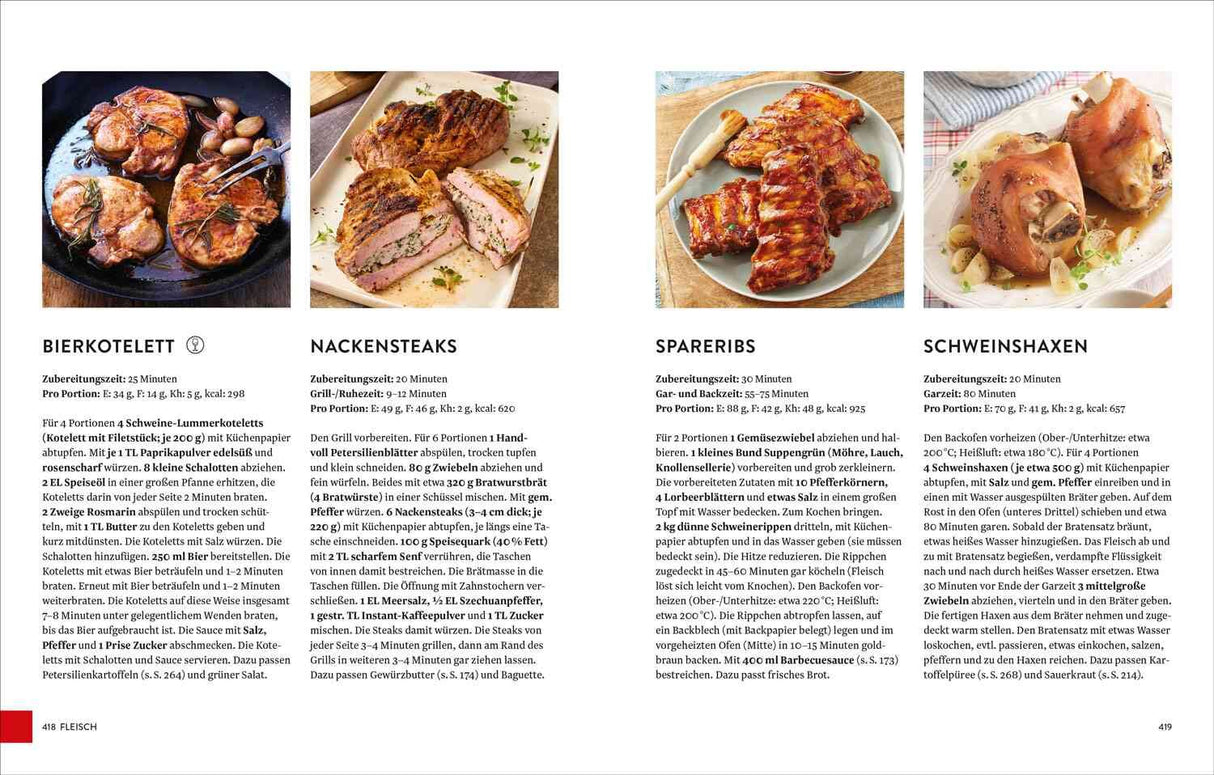 Vier Fleischgerichte mit Bildern: Schweine-Lummerkoteletts, Nackensteaks, Spareribs, Schweinshaxen.