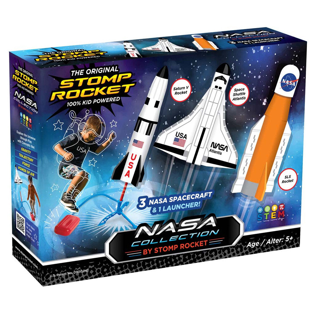 Verpackung eines Raketen-Bausets mit drei NASA-Raumfahrzeugen und einem Launcher, für Kinder ab 5 Jahren.