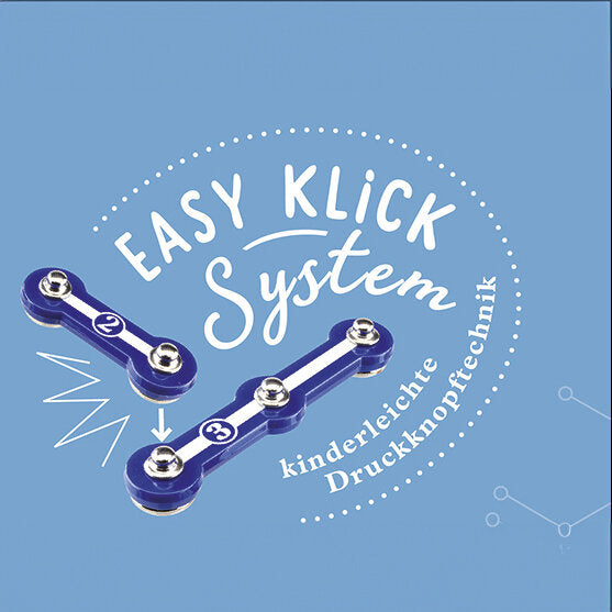 Grafik eines magnetischen Druckknopfsystems mit drei verbundenen Teilen, Text "Easy Klick System"