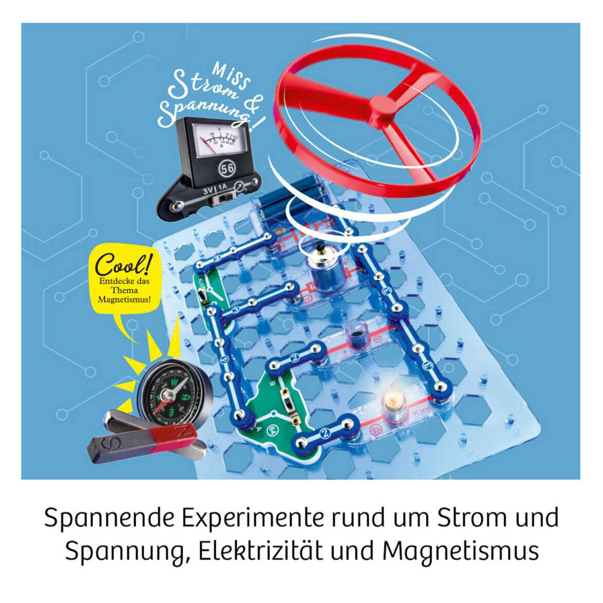 Brett mit elektrischen Schaltungen, Kompass, Magnetring und Messgerät, zeigt Experimente zu Strom, Spannung