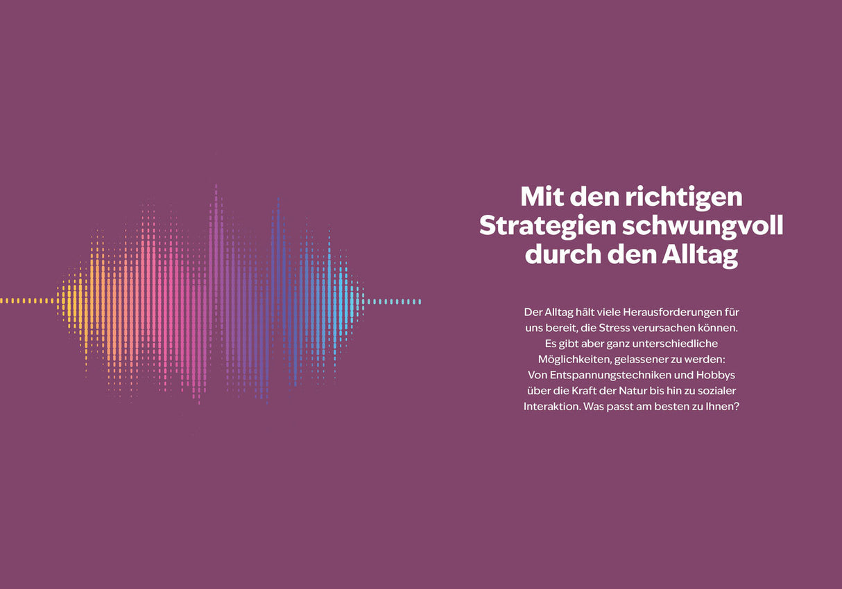 Lila Hintergrund mit buntem, schallwellenähnlichem Muster links und Text rechts.