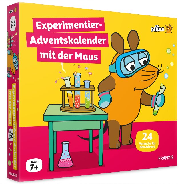 Experimentier-Adventskalender mit der Maus, mit Testrohren, Maus-Charakter, bunte Gestaltung, 24 Versuche, ab 7 Jahre.