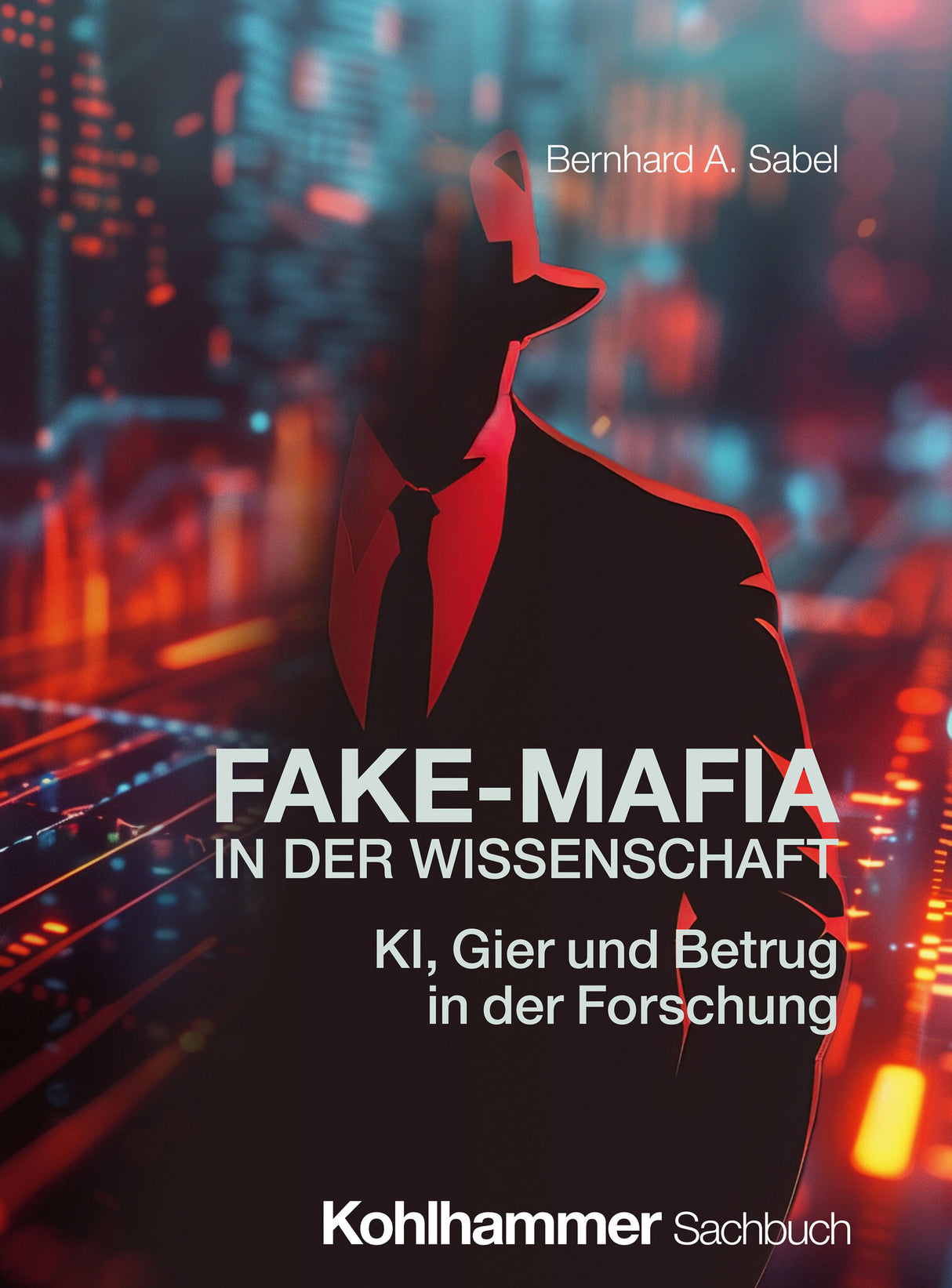 Buchcover mit stilisiertem Mann in Anzug und Krawatte vor digitalem, bläulich-rotem Hintergrund.