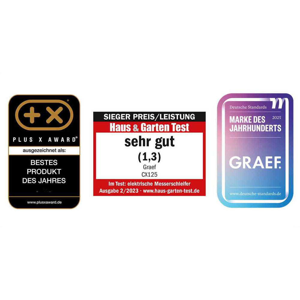 Drei Auszeichnungen für ein Produkt: Plus X Award, Haus & Garten Test sehr gut, Deutsche Standards Jahrhunderst.