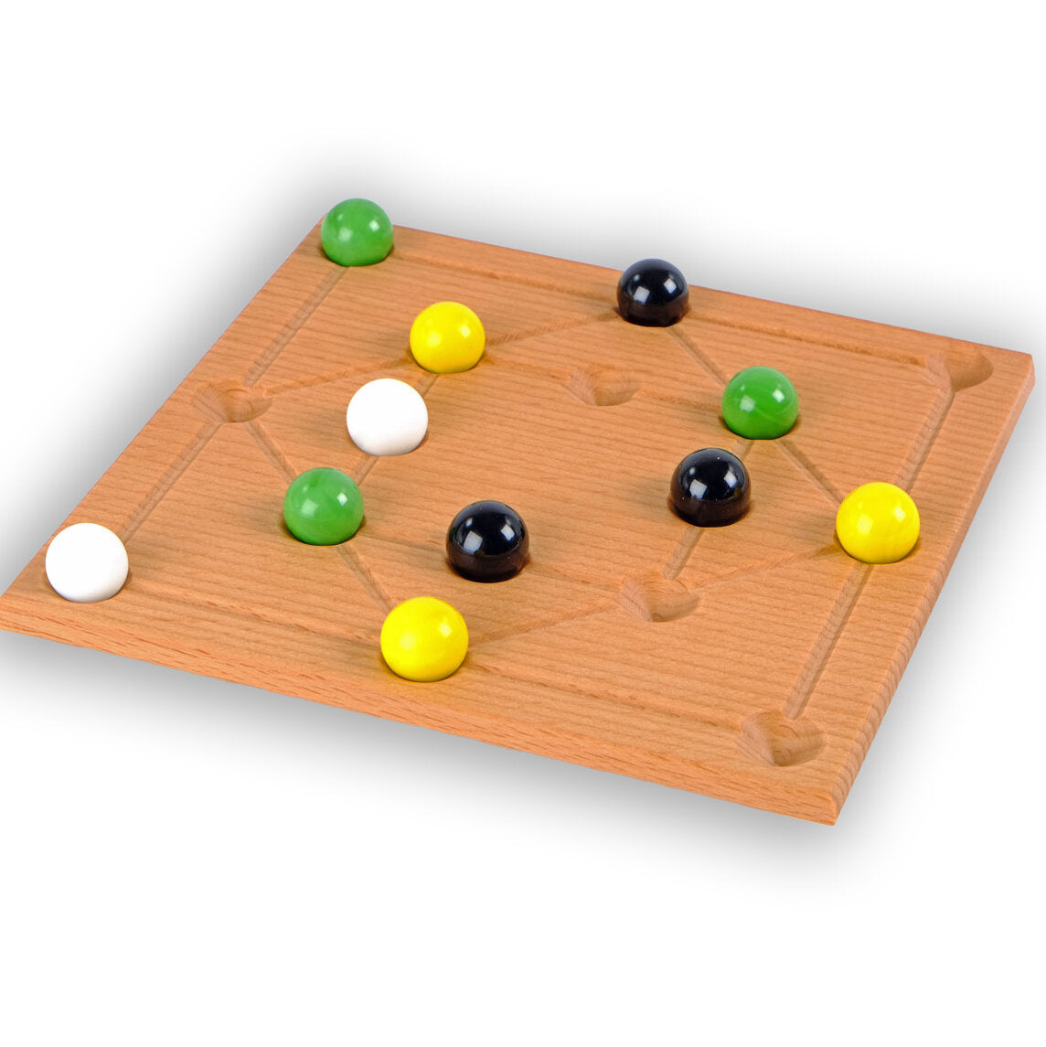 Holzbrett mit bunten Kugeln und Linien, vermutlich ein strategisches Spiel.