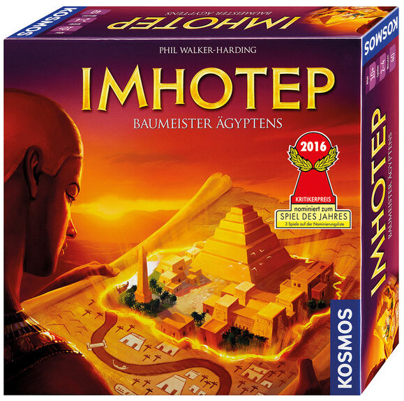 Buchcover mit ägyptischer Pyramide, Sonnenuntergang, Frau liest eine Karte, Spieltitel "Imhotep" und Auszeichnung 2016.